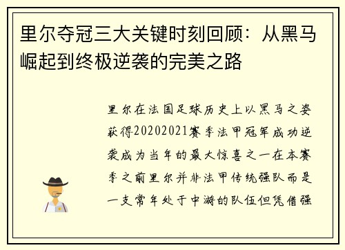 里尔夺冠三大关键时刻回顾：从黑马崛起到终极逆袭的完美之路
